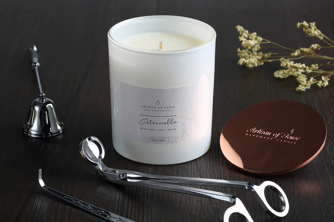 Classically designed wick trimmer, wick dipper, and bell snuffer in Rose Gold or Silver, for elegant candle care.