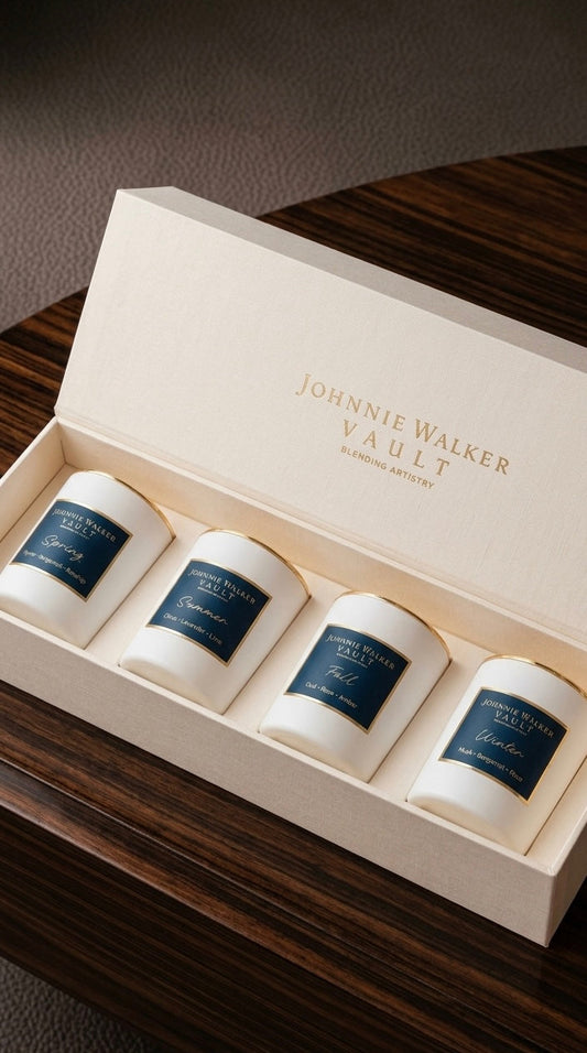 Bespoke Johnnie Walker Vault 4-candle luxury gift set custom-crafted in Singapore by Artisan of Sense for VIP client appreciation.
