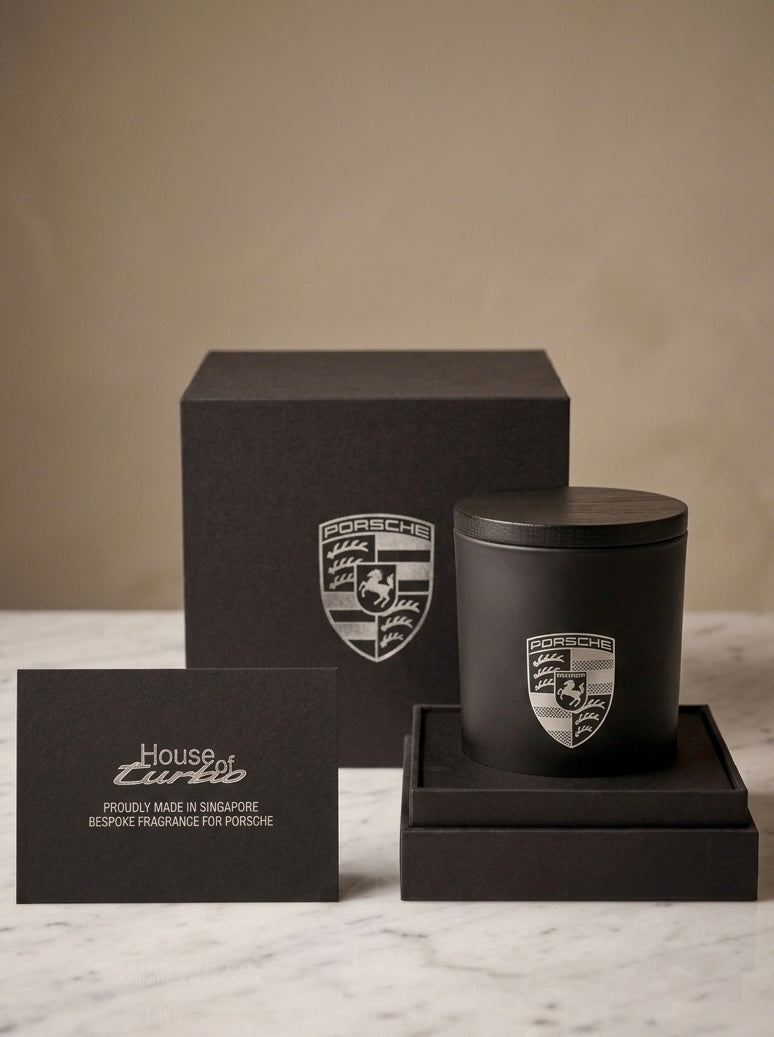 Bespoke Porsche luxury soy candle gift set custom-crafted in Singapore by Artisan of Sense for VIP client appreciation.