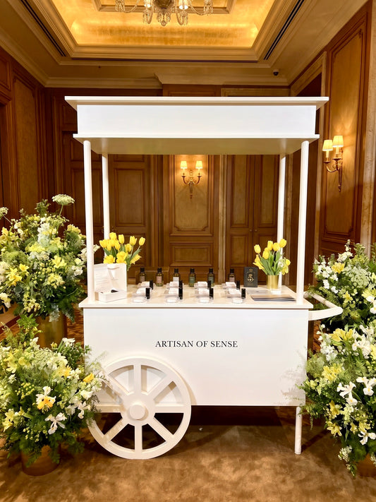 Handcrafted botanical VIP scent bar station setup featuring natural essential oil blending bottles by Artisan of Sense Singapore.