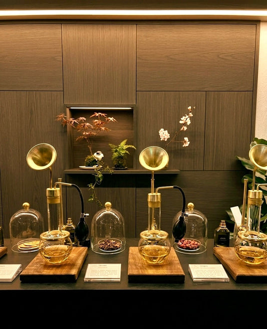orporate Fragrance Bar Singapore featuring luxury brass olfactory diffusion apparatus and botanical fragrance oil display