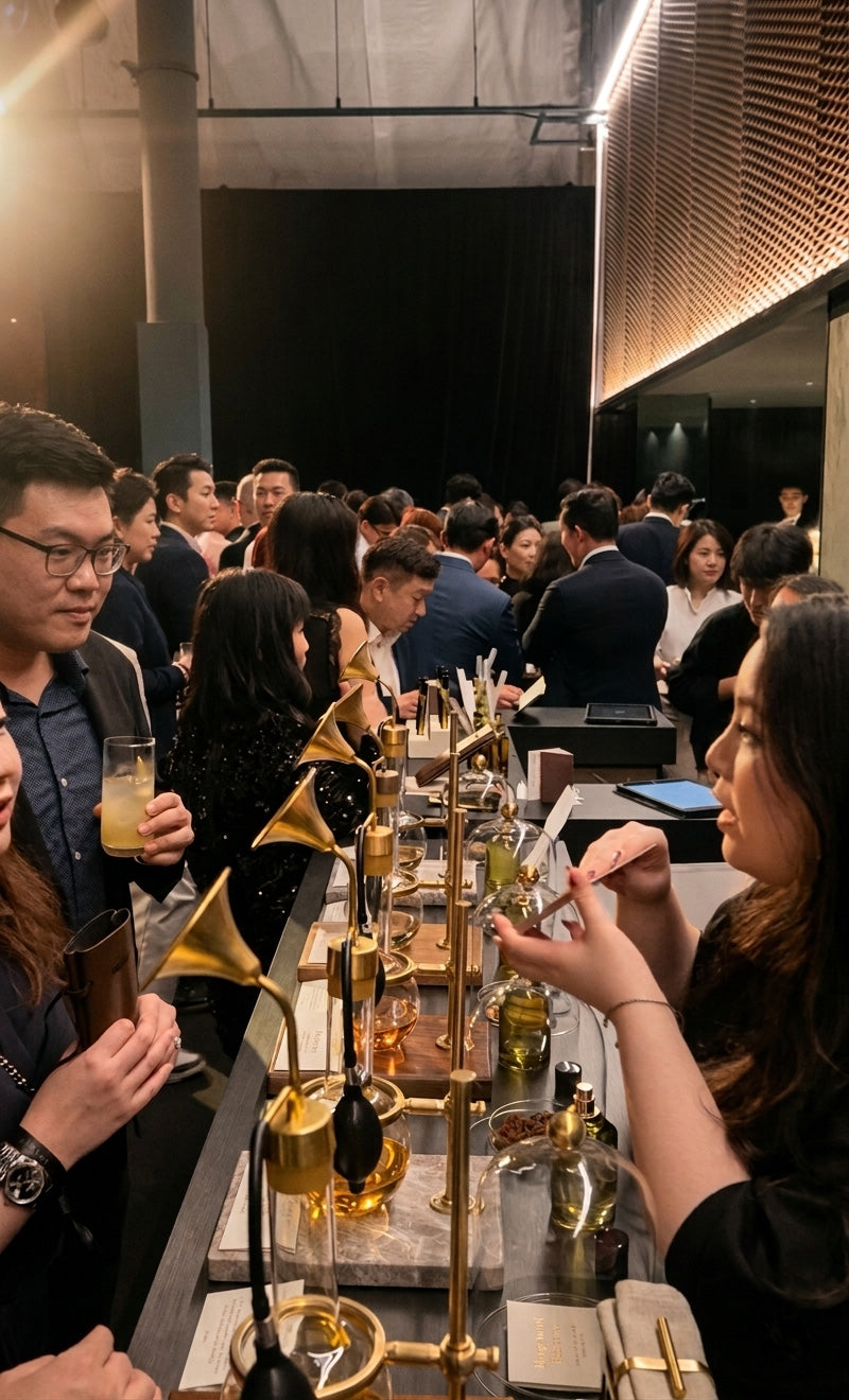 Guests participating in an Artisan of Sense corporate olfactory team building workshop and fragrance bar activation.