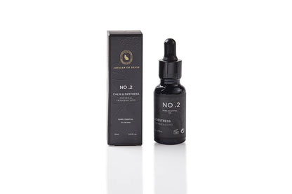 Aroma: Patchouli Orange Clove for Calm Distress. Concentrated essential oil in a dark glass vial.