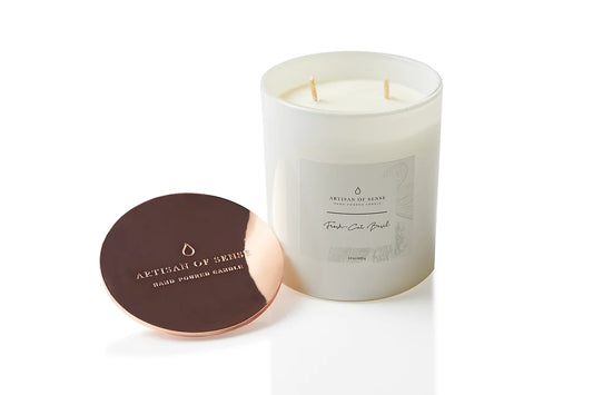 Natural Fresh-Cut Basil Soy Candle soy wax candle with a cotton wick, shown in its classic pink box.
