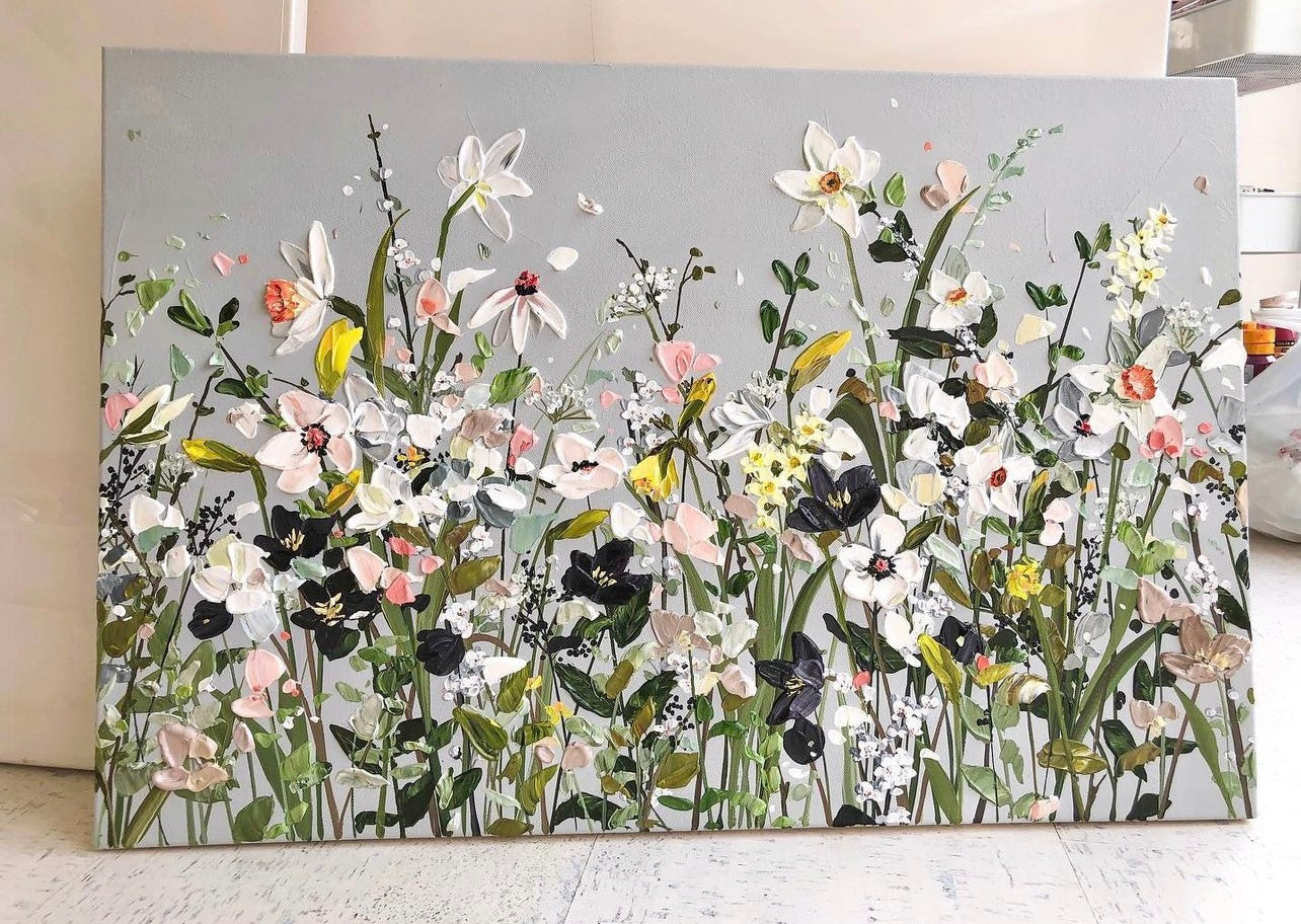 Hand-painted wall art on canvas: Dancing Blossoms I - serene home decoration.