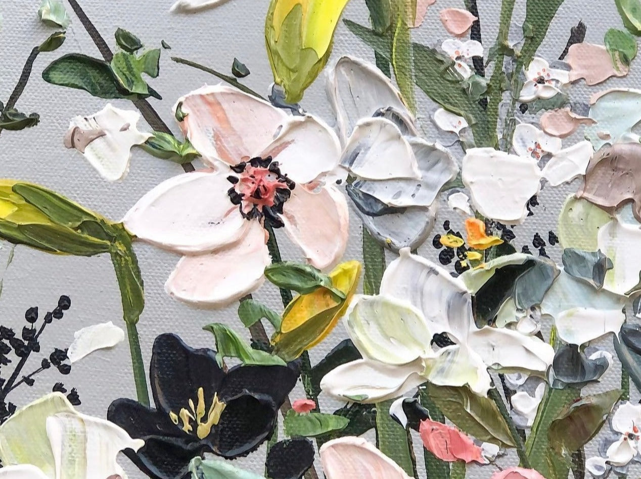 Hand-painted wall art on canvas: Dancing Blossoms I - serene home decoration.