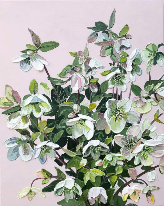 Peaceful Ethereal Floral Cascade scene: Acrylic on stretched canvas, framed art available.