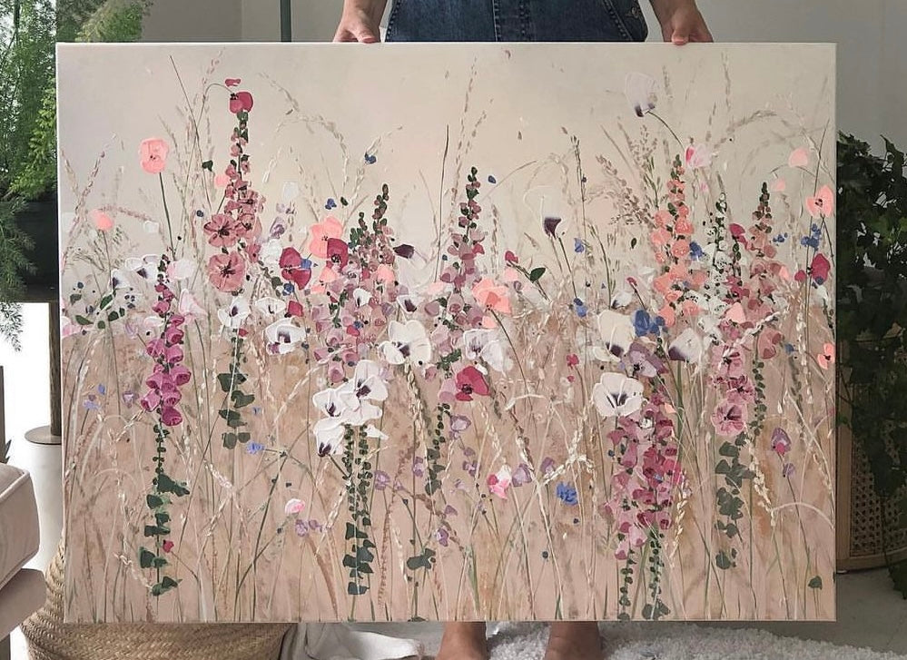 Serene Light Pink Floral Palette painting: Hand-painted canvas art, ready to hang.