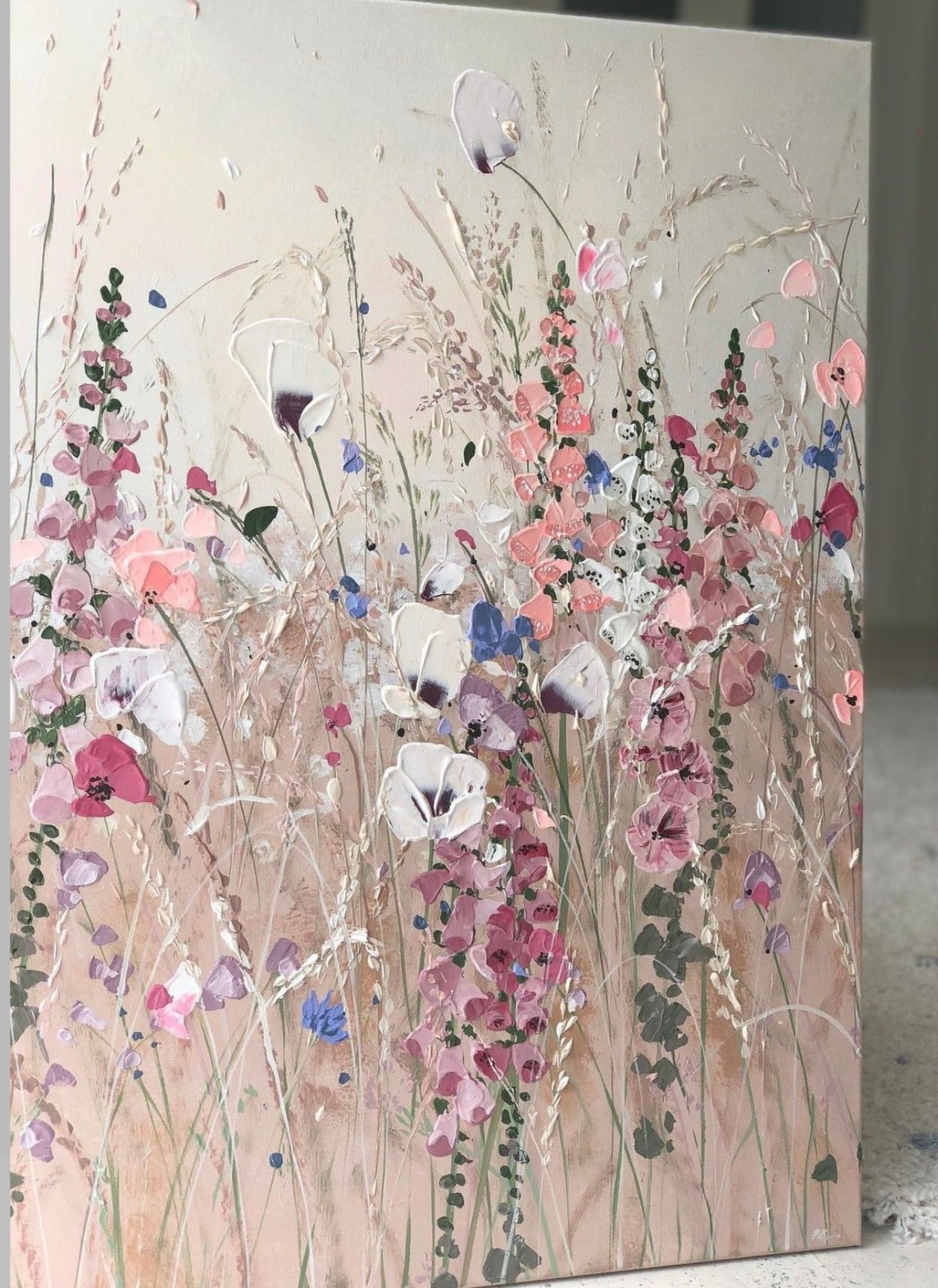 Serene Light Pink Floral Palette painting: Hand-painted canvas art, ready to hang.
