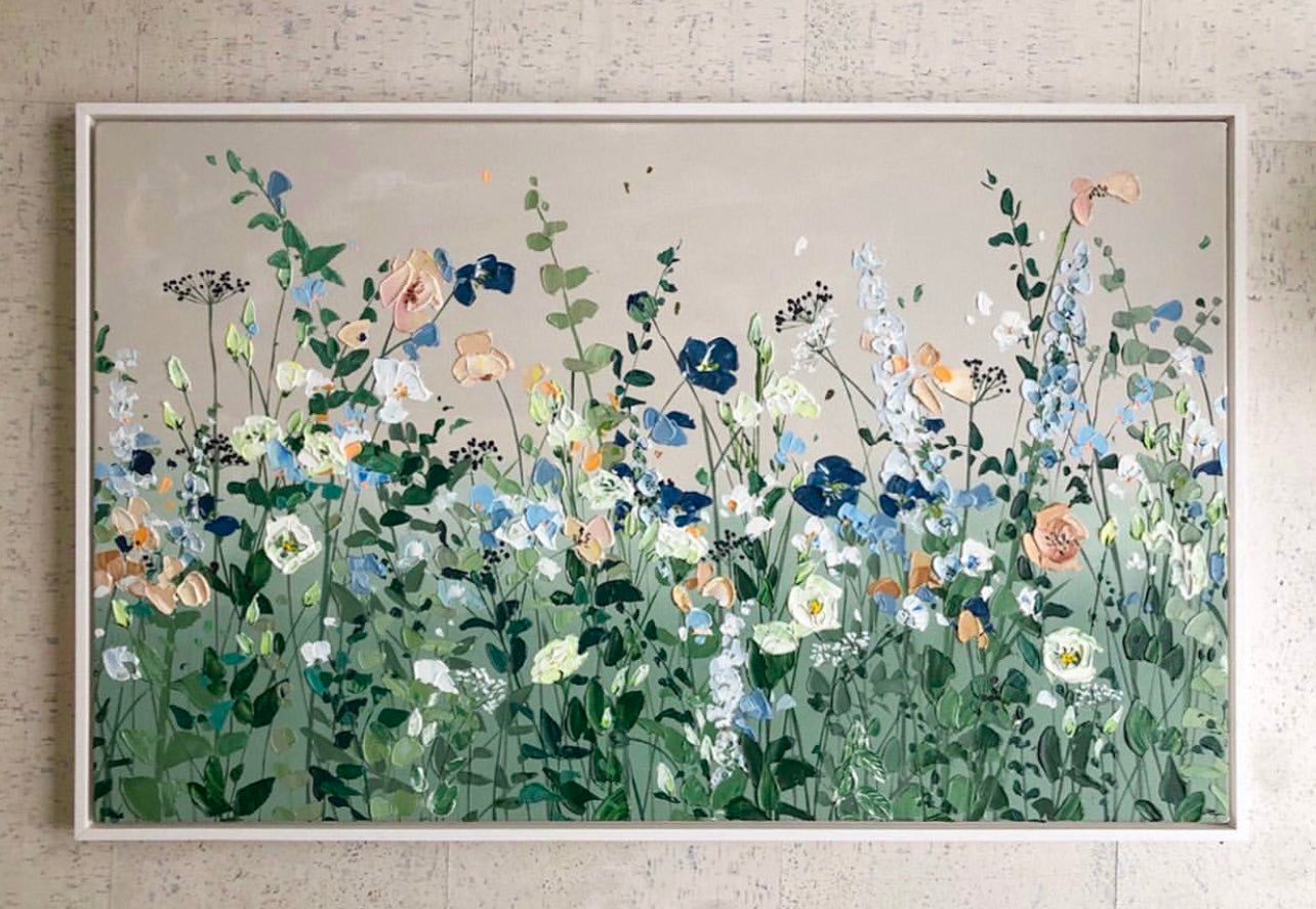 Tranquil flowering meadow artwork: Petals Adrift - hand-painted, varnished.