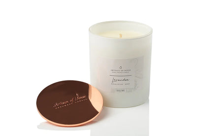 Soy candle with a natural cotton wick and Lavender, Eucalyptus & Sage Soy Candle aroma, within a sustainable box.