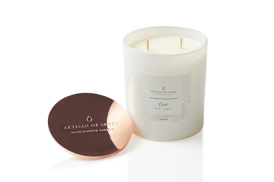 Handcrafted Oud, Rose & Amber candle (soy), cotton wick, Singapore, in a classic pink box.
