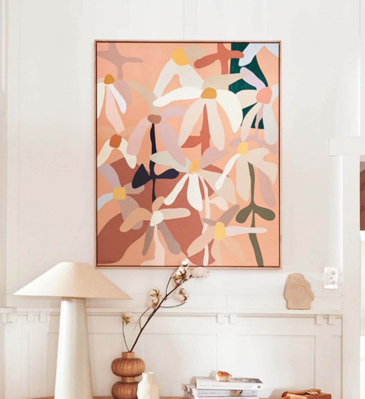 Patio II: Contemporary Modern Floral artwork, sleek lines, organic textures, framed for convenience.