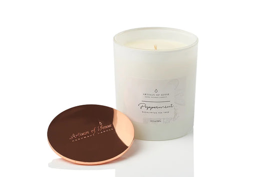 Natural soy candle with Peppermint & Eucalyptus, cotton wick, two sizes, in a pink presentation box.
