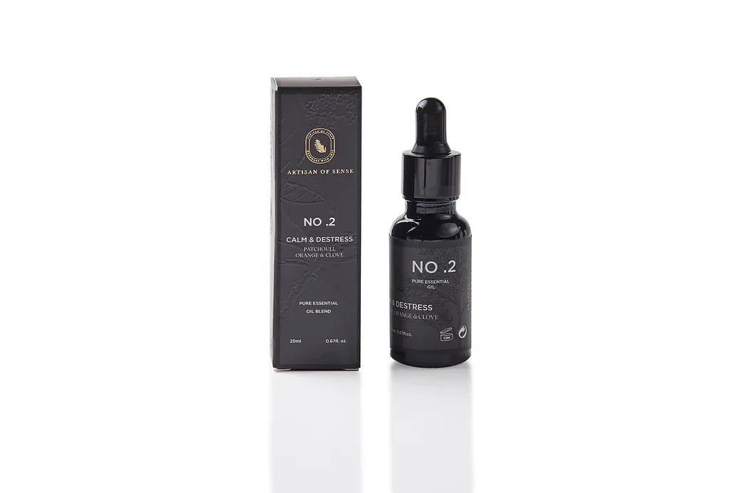 Aroma: Patchouli Orange Clove for Calm Distress. Concentrated essential oil in a dark glass vial.
