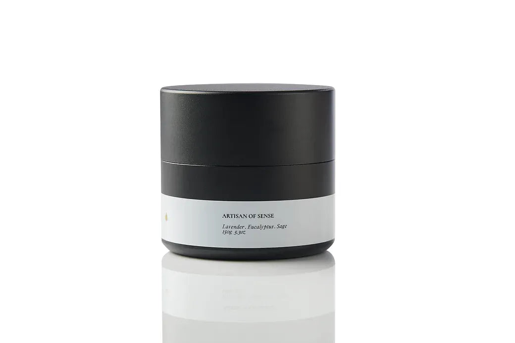 Eco-friendly UK soy wax candle in a tin, natural Lavender, Eucalyptus & Sage scent ideal travel companion. Botanical candle promoting a serene atmosphere through natural aromas.