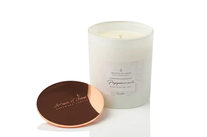 Peppermint & Eucalyptus scented soy candle in a white glass vessel, hand-poured at the Joo Chiat atelier