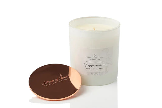 Peppermint & Eucalyptus scented soy candle in a white glass vessel, hand-poured at the Joo Chiat atelier